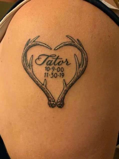 Memorial Fishing Tattoos, Deer Memorial Tattoo, Antler Heart Tattoo, Granddad Tattoo, Hunting Tattoos For Women, Deer Antler Tattoo With Flowers, Lost Loved Ones Tattoo, Cutest Tattoos, In Memory Of My Brother