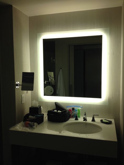 This bathroom mirror light was like doing makeup with a ring light. I loved the magnetizing mirror, too.  (Westin Downtown Austin) Ring Light Bathroom Mirror, Hotel Bathroom Mirror, Light Bathroom Mirror, Ideas For Small Bathroom, Bathroom Fan Light, Bathroom Mirror Light, Kohler Bathroom Faucet, Bathroom Lighting Ideas, Best Bathroom Lighting