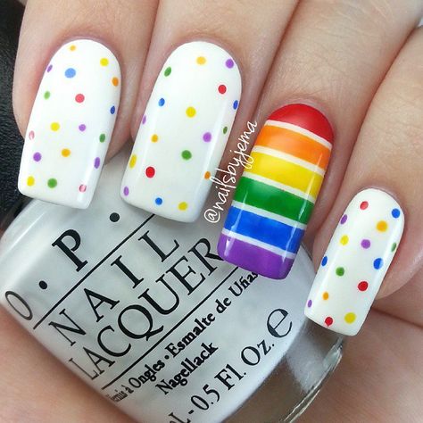 21 Rainbow Nail Art Styles > CherryCherryBeauty.com Rainbow Nail Art Designs, Rainbow Nails Design, Polka Dot Nail Art, Rainbow Nail Art, Rainbow Nail, Nail Art Stripes, Unghie Nail Art, Dot Nail Art, Polka Dot Nails