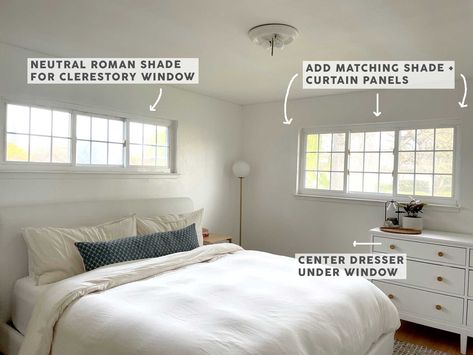 We Answer 6 Readers' Curtain Calls For Help: Bay Windows, Clerestories, Arches + More - Emily Henderson Curtain For Short Window, Clerestory Window Treatments, Curtains For Wide Short Windows, How To Hang Curtains On Bay Windows, Bedroom With Awkward Window, How To Hang Curtains On Arched Window, Curtains For Short Windows In Bedroom, Curtain For Bay Window In Bedroom, Short Window Treatments