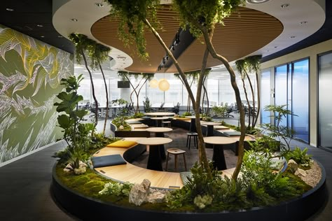 This office has a much more relaxed, peaceful, and open feel because of the nature-inspired design. Biophilic Cafe Design, Biophilic Cafe, Modern Biophilic Design, Oasis Interior Design, Modern Biophilic, Biophilic Office, Biophilic Architecture, Tech Office, Design Studio Office