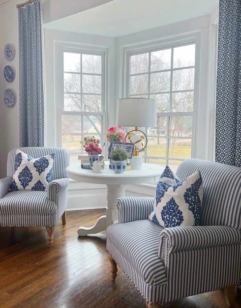 Blue And White Farmhouse Living Room, Blue Floral Living Room Decor, Blue And White Lamps Living Room, Blue And White Office, Grand Millennial Living Room, Navy And White Living Room, Blue Floral Accent Chairs For Living Room, Blue And White Living Room Curtains & Drapes, White Family Rooms