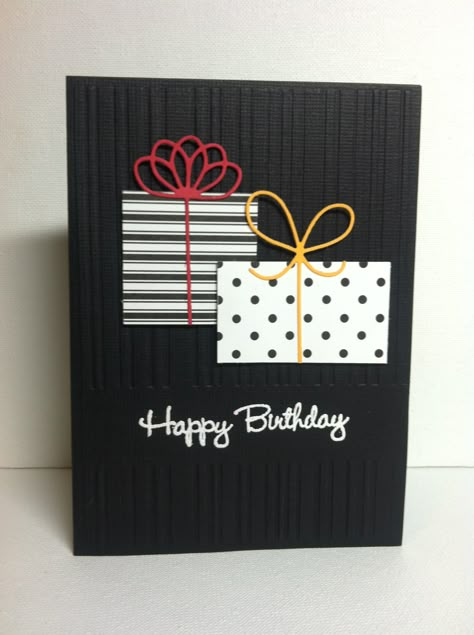 Love the black embossed background on this handmade birthday card. Add boxes and bows in your choice of patterns or solids. Simple Birthday Cards, Bday Cards, Birthday Card Design, Cricut Cards, Birthday Cards Diy, Masculine Cards, Handmade Birthday Cards, Creative Cards, Happy Birthday Cards