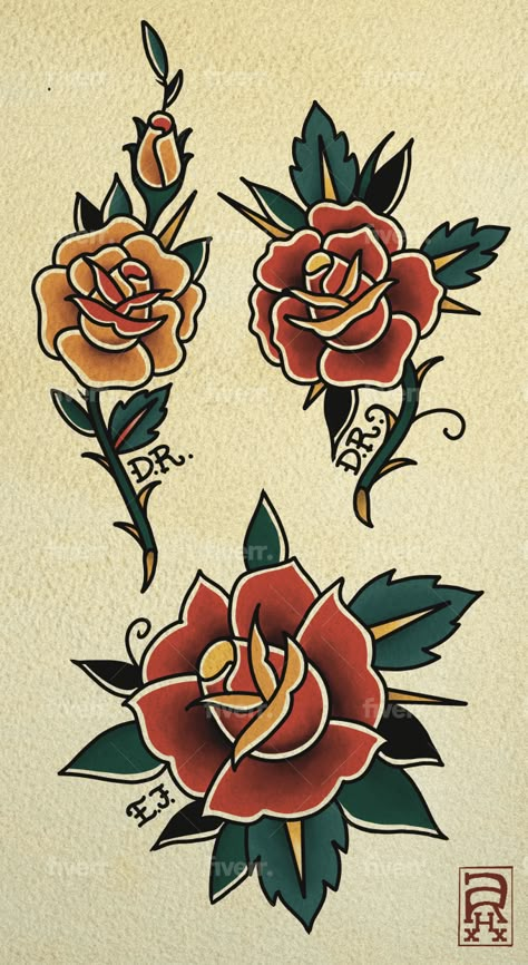 I will create a unique custom traditional tattoo design for you. Let me bring your vision to life with my artistic skills. American Traditional Rose, Cat Outline Tattoo, Old School Rose, Americana Tattoo, Traditional Flowers, Traditional Tattoo Flowers, Medieval Tattoo, Traditional Rose, Traditional Roses