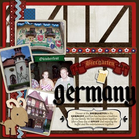 Germany layout ... I like the wooden beam look in the background. Germany Scrapbook, Germany Scrapbook Layouts, Scrapbooking Layouts Travel, Travel Scrapbook Pages, Travel Album, Disney Epcot, Disney Scrapbooking Layouts, Vacation Scrapbook, Disney Scrapbook Pages