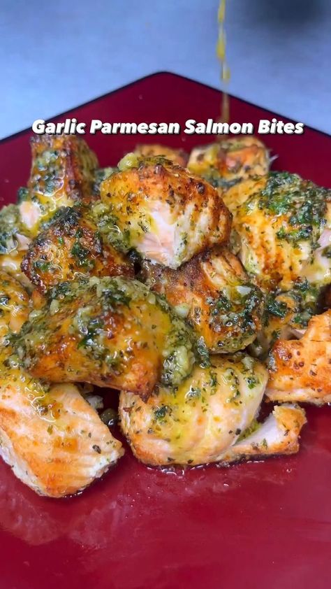 Air fried Garlic Parmesan Salmon Bites | Air fried Garlic Parmesan Salmon Bites‼️🤤🤤🤤 #Seafoodlover#seafoodnetwork#Sea#seafood#seafoodlover#fish#salmon#cookout#4thofjuly#cookoutseason♨️ | By Seafood_Network - Facebook Garlic Parmesan Salmon Bites, Fried Salmon Bites, Chemo Recipes, Garlic Parmesan Salmon, Air Fried Garlic, Salmon Bites Recipe, Canadian Recipes, Parmesan Salmon, Fish Salmon