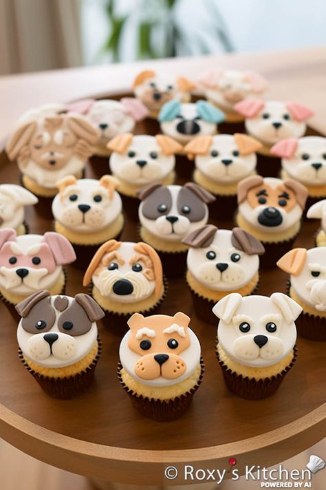 Puppy/Dog Themed Birthday Party - Desserts, Snacks, Decorations, Games  - Roxy's Kitchen Cupcakes Dog Theme, Dog Theme Cake Ideas, Puppy Party Cupcakes, Puppy First Birthday Cake, Dogs And Cats Birthday Theme, Dog Themed Birthday Cake Ideas, Puppy Themed Food, Dogs Birthday Party Ideas, Dog Cupcakes For Kids