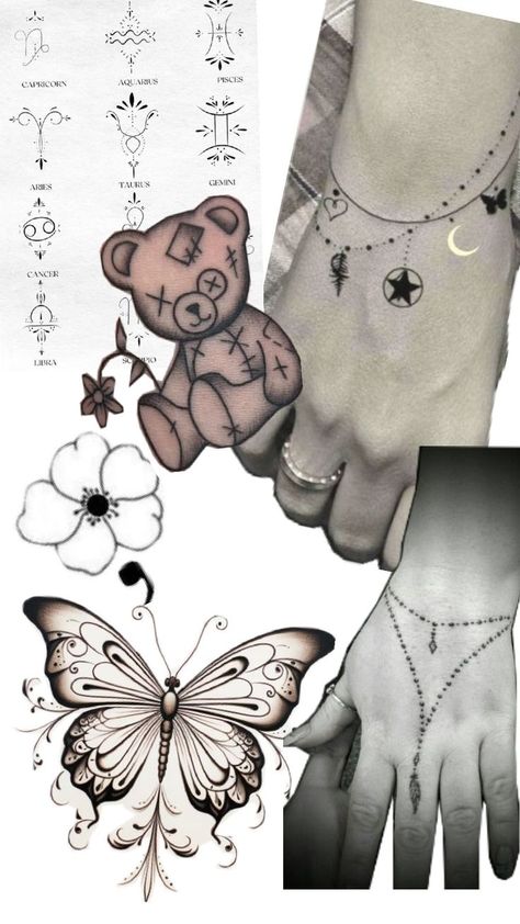 connect butterfly on wrist with chains. zodiac signs of pieces, Aries and Libra with pieces in middle. sided by torn teddy bear and semicolon. tear drop jewel off center to first knuckle. Butterfly On Wrist, Torn Teddy Bear, Hand Tatto, Aries And Libra, Bear Tattoo, Tear Drop, Tattoo Drawings, Zodiac Signs, Tattoo Ideas