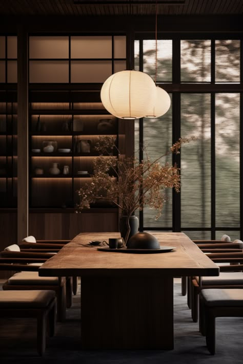 Japandi dining room with large table, chairs and tall windows which look on to a forest Dining Japandi, Japandi Dining Room Design, Japanese Dining Room, Interior Japandi, Kitchen Japandi, Palette Kitchen, Scandinavian Kitchen Ideas, Japanese Dining Table, Japandi Dining Room