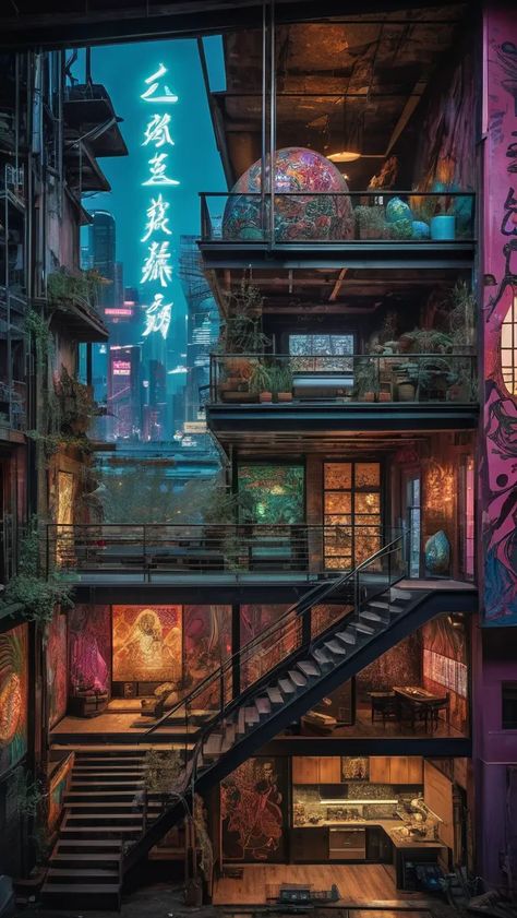 Cyberpunk House Exterior, Cyberpunk Cafe, Sci Fi Apartment Concept Art, Cyberpunk Environment, Cyberpunk Apartment Building, Japanese Apartment Building, Cyberpunk House, Cyberpunk Apartment, Cyberpunk Room