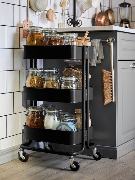 Maximise your pantry space for a decluttered kitchen - IKEA Ikea Raskog Trolley, Ikea Kitchen Cart, Raskog Ikea, College Storage, Ikea Black, Ikea Raskog, Kitchen Island Trolley, Kitchen Trolley, Kitchen Island Cart