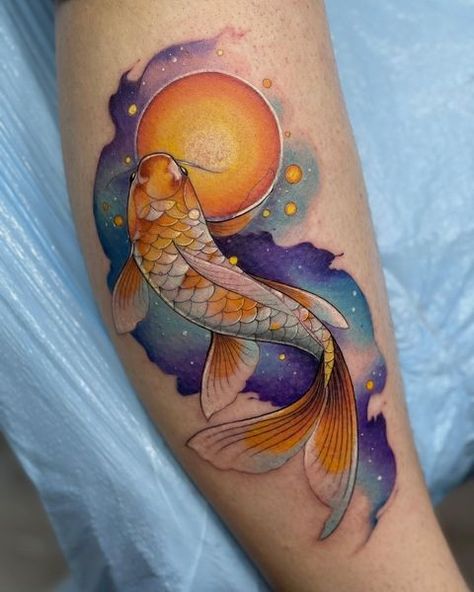 Neotraditional Koi Fish Tattoo, Koi Tattoo Colored, Colorful Koi Fish Tattoo For Women, Coo Fish Tattoo Design, Koi Fish Watercolor Tattoo, Butterfly Koi Tattoo, Koa Fish Tattoo, Koi With Lotus Tattoo, Coi Carp Tattoo