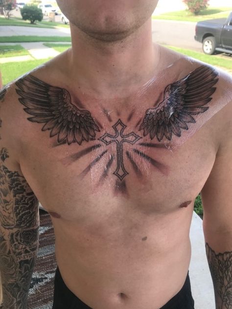 Cross With Wings Tattoo For Men Chest, Wing Chest Tattoo Men, Cross On Chest Tattoo Men, Chest Tattoo Men Ideas Wings, Wings Chest Tattoo Men, Chest Cross Tattoo For Men, Chest Peices Tattoos For Men, Under Chest Tattoo Men, Chest Cross Tattoo