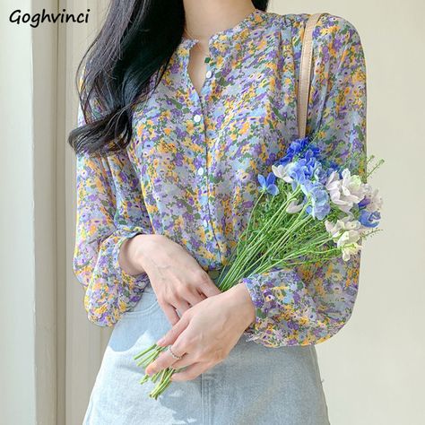 Smarter Shopping, Better Living! Aliexpress.com Korean Shirt, Printed Chiffon Blouse, Ladies Chiffon Shirts, Winter Blouses, Chiffon Tops Blouses, Fashion Stand, Chiffon Fashion, Shirts Women, Elegant Shirt