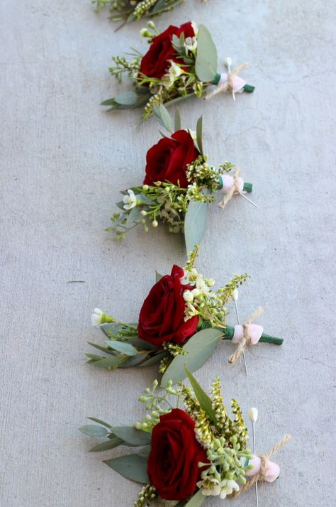 Eucalyptus Corsage, Eucalyptus Boutonniere, Red Rose Boutonniere, Merlot Wedding, Small Wedding Bouquets, Church Wedding Flowers, Bright Wedding Flowers, Button Holes Wedding, Red Wedding Flowers