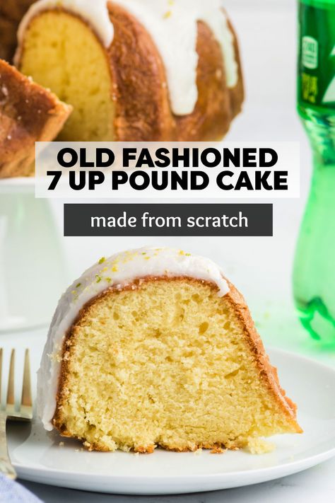 Old fashioned, from scratch 7 Up Cake has a subtle flavor of citrus soda and a sweet, tender crumb. This classic bundt cake, topped with a simple glaze and lime and lemon zest, is easy to make and a sure crowd pleaser. This delicious pound cake is a potluck favorite. | www.persnicketyplates.com Bundt Cake Frosting Recipe, Seven Up Cake, 7 Up Pound Cake, Lemon Lime Cake, 7up Cake, Lemon Cake Mix Recipe, Pound Cake Glaze, 7 Up Cake, 7up Pound Cake