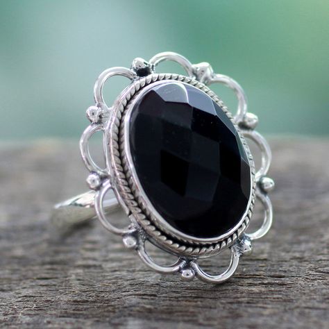 NOVICA Onyx and Sterling Silver Flower Ring from India ($44) ❤ liked on Polyvore featuring jewelry, rings, onyx, single stone, flower jewellery, blossom jewelry, flower ring, sterling silver black onyx ring and black onyx ring Soldered Jewelry, Blossom Jewelry, Silver Flower Ring, Black Stone Ring, Onyx Jewelry, Photography Styling, Black Onyx Ring, Single Stone, Jewelry Photography