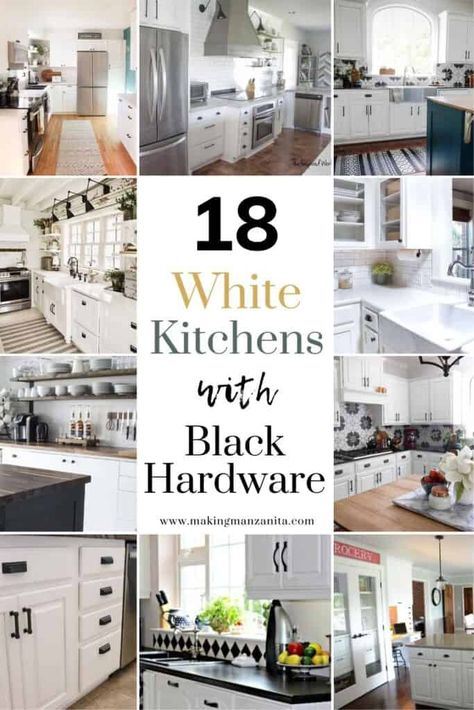 Kitchens With Black Hardware, White Kitchen Black Hardware, Kitchen Black Hardware, Black Kitchen Knobs, Gold Kitchen Hardware, White Kitchen Makeover, Kitchen Cabinets Knobs And Pulls, Gorgeous White Kitchen, Modern Farmhouse Kitchen Cabinets