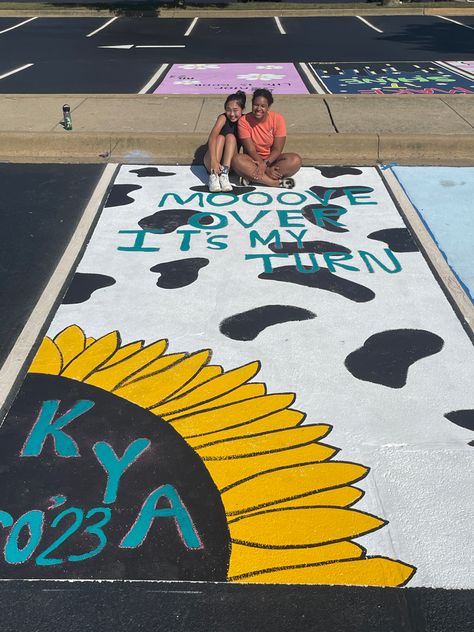 Ffa Parking Spot Painting, Cow Parking Spot Painting, Cow Print Senior Parking Spot, Cow Senior Parking Spot, Parking Spot Painting Country, Sunflower Parking Spot Painting, Cow Print Parking Spot, Senior Parking Spaces Country, Zach Bryan Parking Spot Painting