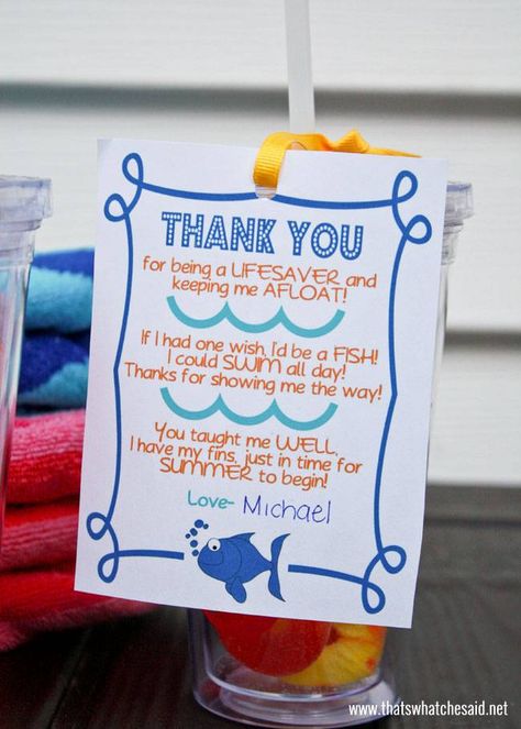 Swim Teacher Thank You Gift Free Printable at thatswhatchesaid.net Lifeguard Gifts, Swim Teacher Gifts, Swim Teacher, Swim Coach Gifts, Swim Team Gifts, Swim Instructor, Swim Coach, Coaching Teachers, Swim Gifts