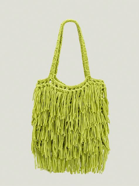 Lime Green Vacation,Funky Collar  Polyester Plain Crochet Bags Embellished   Women Bags Handcrafted Handbags, Burgundy Bag, Bag With Tassel, Tassel Decor, Verde Lima, Tassels Decor, Tassel Bag, Handmade Handbags, Gifts For Your Girlfriend