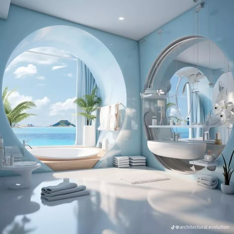 Ocean Concept Interior, Bathroom Ocean View, Water Bedroom Fantasy Art, Blue Bathroom Ideas Ocean, Ocean Mansion Luxury Homes, Dream Bedroom Inspiration, Architect Design House, Relaxation Room, Dream Apartment