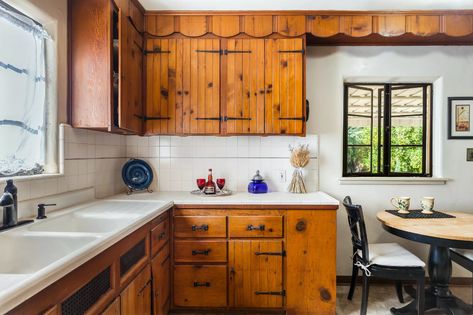 Knotty Pine Walls Kitchen, Knotty Pine Kitchen Cabinets Makeover, Pine Kitchen Cabinets Makeover, Knotty Pine Kitchen Cabinets, Knotty Pine Cabinets, Knotty Pine Kitchen, Wood Paneling Living Room, Midcentury Ranch, Pine Kitchen Cabinets