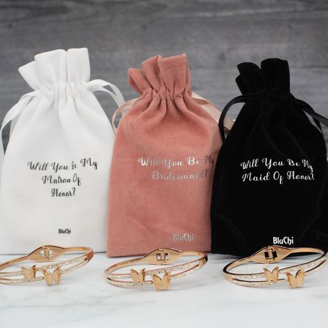 You said "I Do", now it's your turn to propose to your girls with the perfect proposal gift that they will be able to wear over and over again. Our Rose Gold Butterfly Bracelet with Proposal Pouch is the perfect Bridesmaid Proposal Gift. Maid of Honor proposal gift pouches and Matron of Honor proposal text options are also available. The velvet proposal pouches are available in Black, White or Rose Gold with the words "Will You Be My Maid of Honor?", "Will You Be My Matron of Honor?" and "Will Y Proposal Text, Matron Of Honor Proposal, Gifts For Bridal Party, Rose Gold Bracelets, Rose Gold Butterfly, Be My Maid Of Honor, Maid Of Honor Proposal, Perfect Proposal, Undying Love