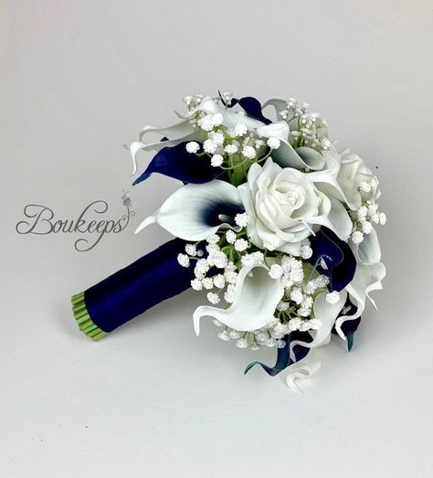 Navy Bridal Bouquet, Bouquet Navy Blue, Bouquet Calla Lily, Navy Blue Bouquet, White Calla Lily Bouquet, Calla Lily Bouquet Wedding, White Calla Lily, Calla Lily Bridal, Mini Calla Lilies