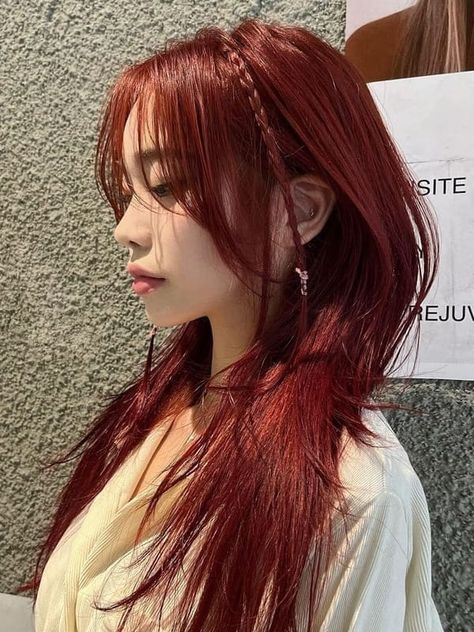 Korean red brown hair color: layered, long and sleek hair with side bangs Hair Color Formulas Brown, Red Brown Hair Color Ideas, Red Hair Kpop, Asian Red Hair, Kpop Hair Color, Red Brown Hair Color, Red Orange Hair, Red Hairstyles, Dark Red Hair Color