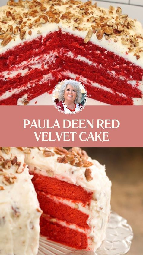 Paula Deen’s Red Velvet Cake is made with butter, cream cheese, buttermilk, cocoa, red food coloring, sugar, eggs, flour, baking soda, vinegar, vanilla extract, melted marshmallows, shredded coconut, and chopped pecans. This traditional Red Velvet Cake recipe creates a delicious dessert that takes about 1 hour to prepare and can serve up to 12 people. Red Velvet Cake 3 Layers, Martha Stewart Red Velvet Cake, Red Velvet Cake With Pecans, Paula Deen Red Velvet Cake Recipe, Redvelvet Cake Recipe, Old Fashioned Red Velvet Cake Recipe, Red Velvet Cake Icing, Red Velvet Cake Recipe From Scratch, Moist Red Velvet Cake Recipe