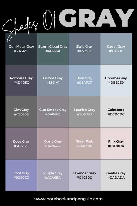 Grey Colour Chart, Grey Color Names, Color Coding Notes, Color Names Chart, Website Color Schemes, Pantone Color Chart, Rgb Color Codes, Hex Color, Pantone Colour Palettes