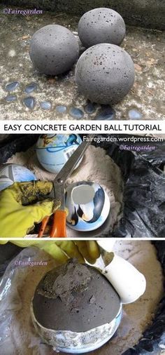 Concrete Balls, Garden Balls, Concrete Diy Projects, Vintage Garden Decor, Concrete Crafts, Concrete Projects, Garden Art Sculptures Diy, Concrete Garden, Garden Deco