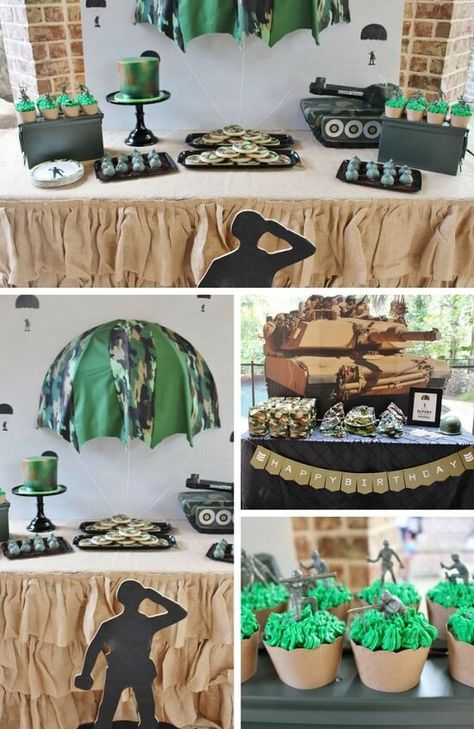 Camouflage Baby Shower Ideas, Camo Baby Shower Ideas, Military Party Ideas, Army Party Decorations, Camouflage Baby Shower, Boot Camp Party, Army Themed Birthday, Deployment Party, Army Birthday Party