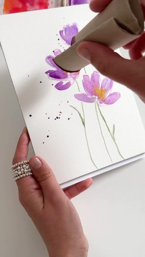 Anna Koliadych | Lavender painting with watercolor and cotton swab 💜💚 #watercolor #watercolorpainting #watercolortutorial #artinspiration #paintingprocess #… | Instagram 4x6 Watercolor Paintings, Painting With Fingerprints, Angel Watercolor Paintings Easy, Watercolor Diy Tutorials, Easy Diy Watercolor Cards, Painting Cards Ideas, Diy Cards Watercolor, Pastel Watercolor Art, Watercolor Art For Beginners Tutorial