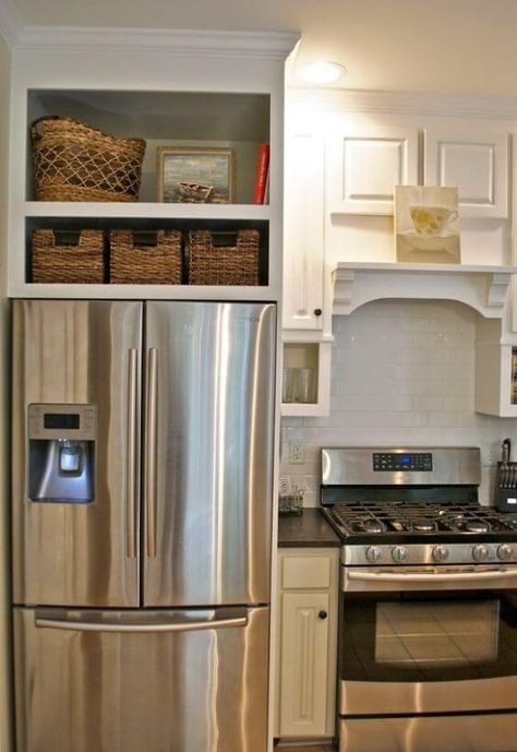 As you can see, it isn’t too hard to fit cabinets around the refrigerator in an efficient way! More decor and other interesting ideas at hackthehut.com Above Refrigerator, Refrigerator Ideas, Refrigerator Cabinet, Casa Country, Fridge Storage, Kitchen Pantry Cabinets, Kitchen Stove, Built In Cabinets, Kitchen Redo