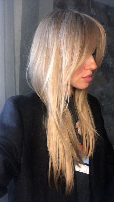 Blonde Long Fringe, Rocker Blonde Hair, Blonde Layered Bangs, Shag Fringe Long Hair, Blonde Hair With Bangs And Layers, Trendy Bangs Long Hair, Best Blonde For Pale Skin, Edgy Haircuts For Long Hair, Long Blonde Hair With Bangs