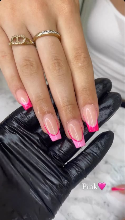 Bright Pink French Tip Nails Coffin, Square Pink Nails Ideas, Fun Nails Square, Festival Nails Square, Hot Pink Nails With Design Summer, Bright Colour Nails, Bright Pink French Tip Nails, Black And Hot Pink Nails, Carribean Nails