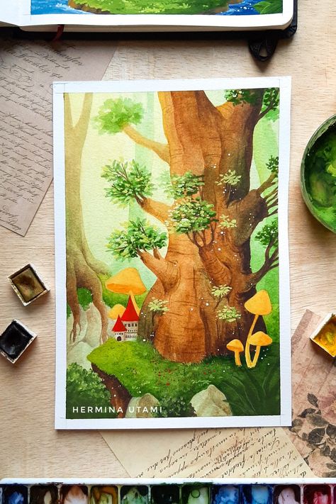 A fantasy forest scenery. Visit the link to see some details. Watercolor Forest, Baobab Tree, Forest Scenery, Art Forest, Gouache Art, Fantasy Forest, Forest Painting, Art Watercolor, Watercolor Painting