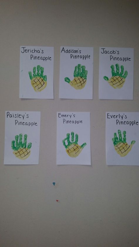 Handprint Summer Crafts For Toddlers, Pineapple Handprint Craft, P Is For Pineapple Craft, Handprint Pineapple, Pineapple Activities For Preschool, P Is For Pineapple, Palm Painting For Kids Handprint Art, Pineapple Handprint, Pineapple Art For Preschool