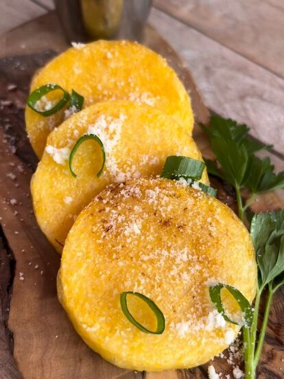 Crispy Polenta Recipes, Tube Polenta Recipe, Baked Polenta Rounds, Air Fryer Polenta, Fried Polenta Recipes, Polenta Recipe, Baked Polenta, Sweet Potato Fritters, Polenta Fries