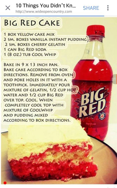 Red Cake Recipe, Big Red Cake, Soda Pop Cake, Big Red Soda, Soda Cake, Pop Cake, Red Cake, Cake Mix Recipes, Instant Pudding