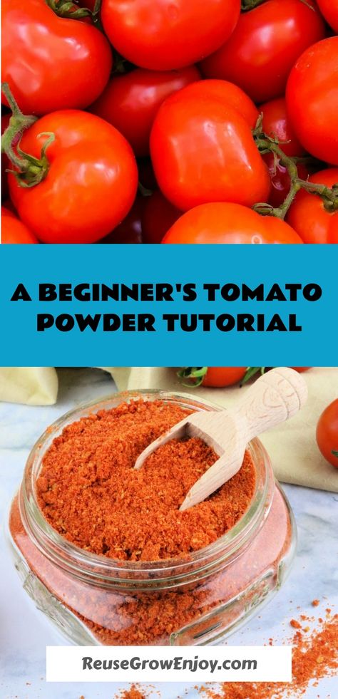 Bright red cherry tomatoes at the top and a jar of rich, red tomato powder with a wooden spoon at the bottom, indicating a tutorial on making tomato powder. Tomato Powder How To Make, Excess Tomatoes, Roasted Vegetables Seasoning, Tomato Powder, Fresh Tomato Recipes, Homemade Spice Blends, Tomato Season, Powder Recipe, Conventional Oven