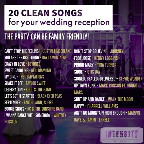 20 clean (and dance-party-approved) songs for family friendly #weddingmusic. Intensity gets people of all ages moving at hundreds of weddings each year. Reception Music, Ray Lamontagne, Wedding Reception Music, Kenny Loggins, Dont Stop Believin, Dance Songs, Sweet Caroline, Party Dance, Tina Turner