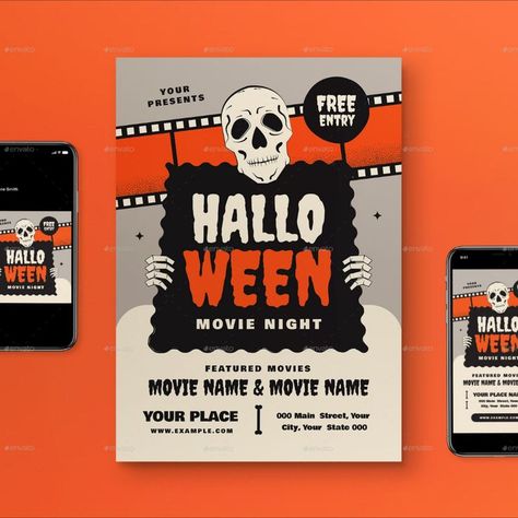 Gray Orange Flat Design Halloween Movie Night Flyer Set Night Graphic Design, Movie Night Halloween, Movie Night Flyer, Halloween Movie Night, Night Movie, Decorative Fonts, Halloween Flyer, Halloween Fonts, Halloween Movie