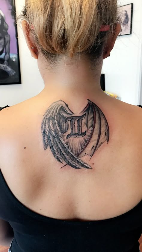 ❤️my gemini tattoo♊️😇😈 Gemini Chest Tattoo For Men, Gemini Neck Tattoo, Gemini Tattoo Twins, Gemini Sign Tattoo, Gemini Tattoos, Alas Tattoo, Angel Devil Tattoo, Gemini Zodiac Tattoos, Gemini Tattoo Designs