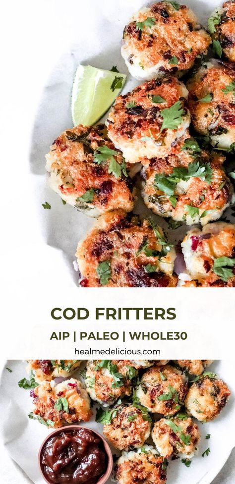 These Whole30, paleo, grain-free and AIP Cod Fritters / Fish cakes are made with salted cod, fresh herbs and cassava flour. They're the perfect appetizer or snack, and absolutely delicious for breakfast! #AIPrecipes #Whole30 #Paleorecipes #aipfritters #paleofritters #fishcakes #AIPappetizers Paleo Cod, Aip Appetizers, Cod Fritters, Caribbean Dishes, Salted Cod, Aip Breakfast, Cod Fish Recipes, Paleo Fish, Aip Paleo Recipes