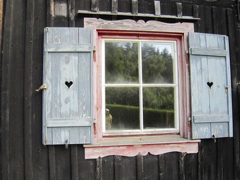 Traditional wooden window from the Alps with window shutters and hearts. Heart Shutters, Painting Shutters, Shutter Designs, Traditional Windows, Faux Window, Beautiful Horse Pictures, Shutters Exterior, Wooden Windows, Easy Living