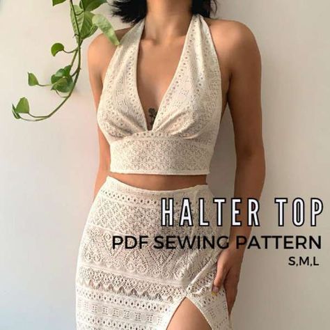 Halter Top Sewing Pattern Halter Top Sewing, Halter Top Sewing Pattern, Slip Dress Pattern, Top Pattern Sewing, Halter Top Pattern, Stretch Lace Top, Corset Sewing Pattern, Backless Halter Top, Top Sewing