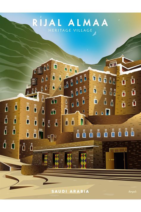 Just finalized a poster of Rijal Almaa a village located in the Rijal Almaa province, 'Asir Region, Saudi Arabia.
Rijal Almaa contains around 60 multi-story buildings made of stone, clay and wood. 
 In January 2018, the Saudi Commission for Tourism and National Heritage (SCTH) has given Rijal Almaa the right to file for the UNESCO World Heritage Center. Abha Saudi Arabia, Saudi Arabia Culture, Dji Mavic Mini, Art Deco Paintings, Mavic Mini, Cake Logo Design, Arabian Art, Graphic Design Images, Drawing Cartoon Characters